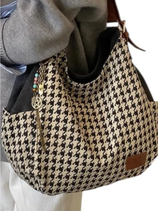 Black & Cream Houndstooth Shoulder Tote with Brown Leather Straps NWT - Picture 3 of 6